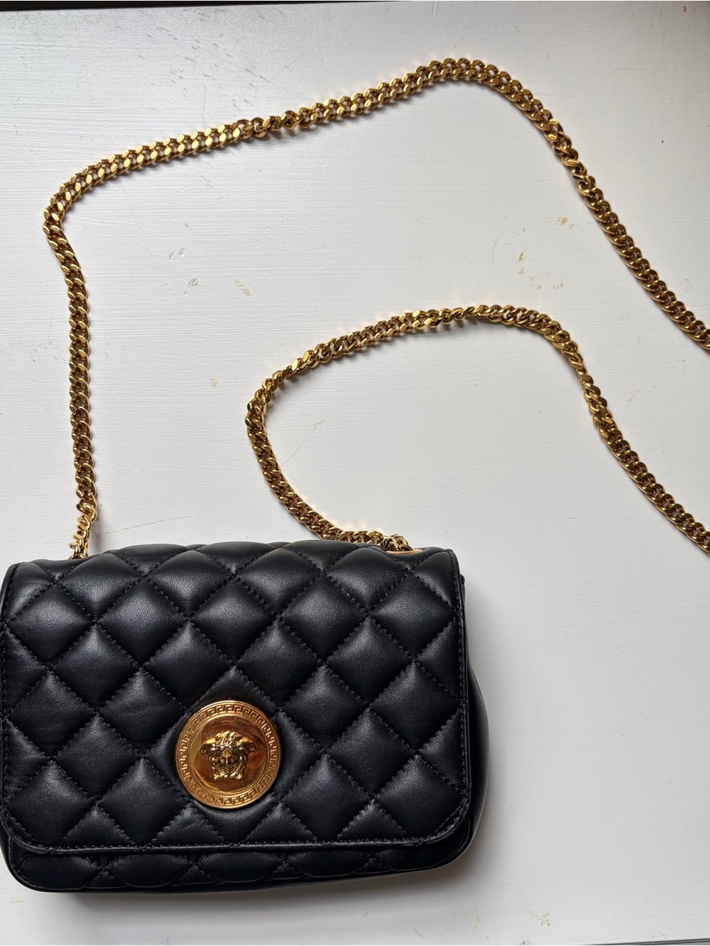Versace La Medusa Black and Gold Quilted Lambskin Small Crossbody Bag
